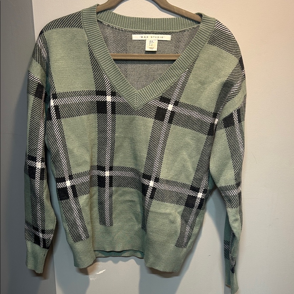 Max Studio Green and Black Plaid V-Neck Sweater